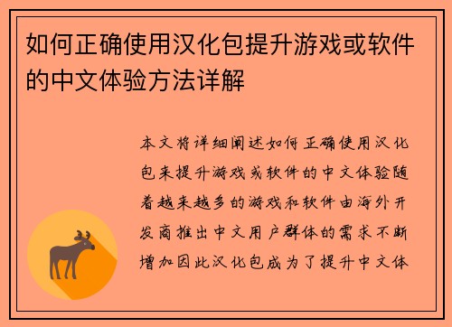 如何正确使用汉化包提升游戏或软件的中文体验方法详解